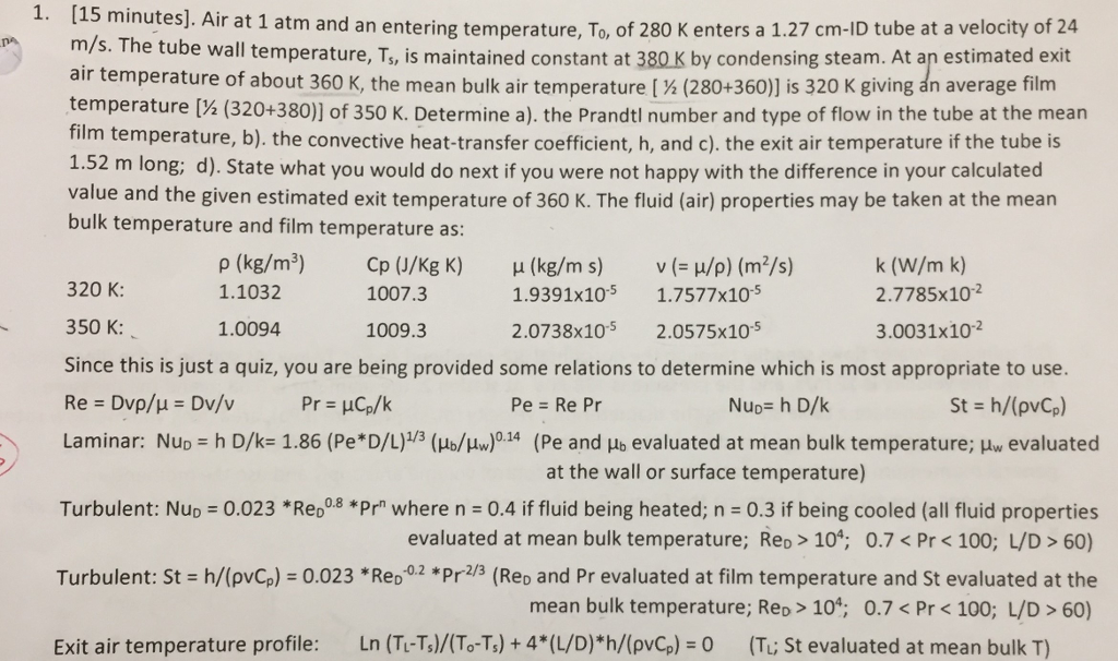 Solved Air at 1 atm and an entering temperature, To, of 280 | Chegg.com