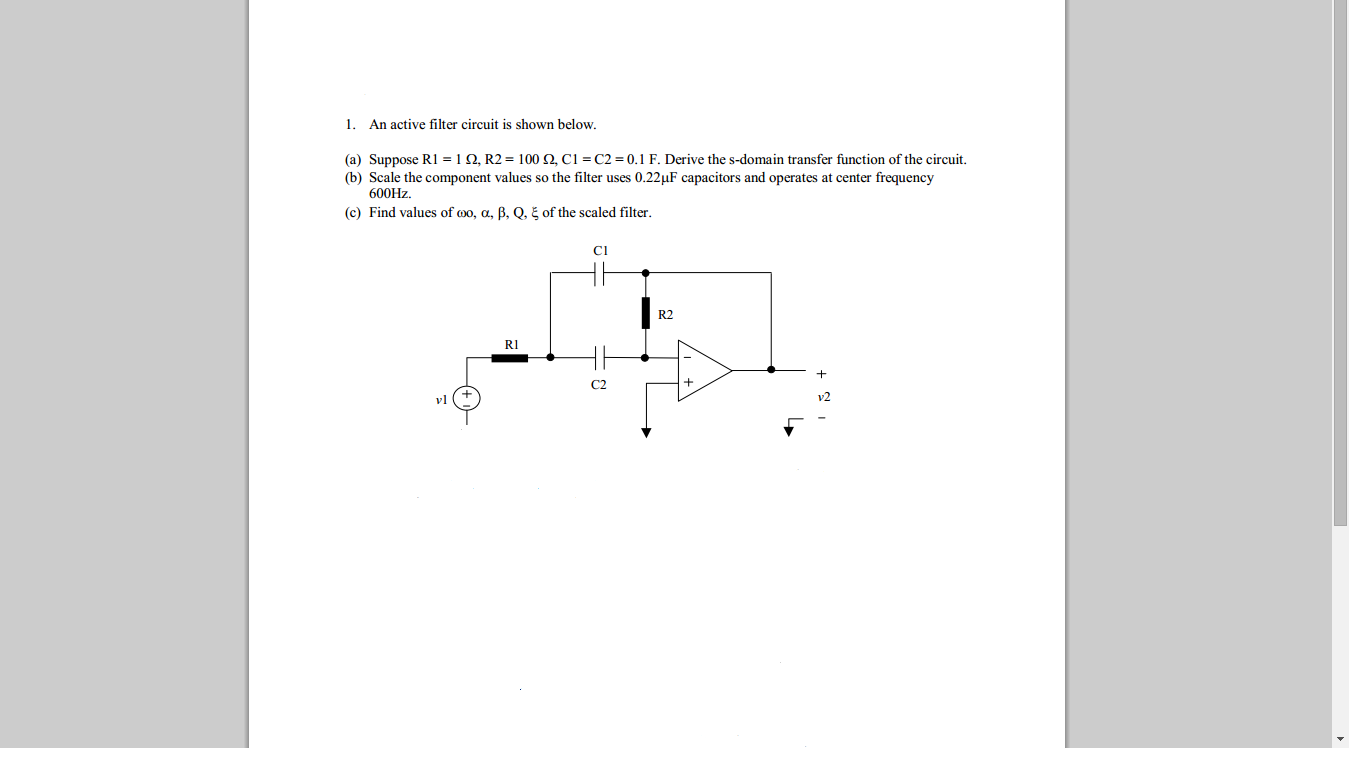 Solved 1. An active filter circuit is shown below. (a) | Chegg.com