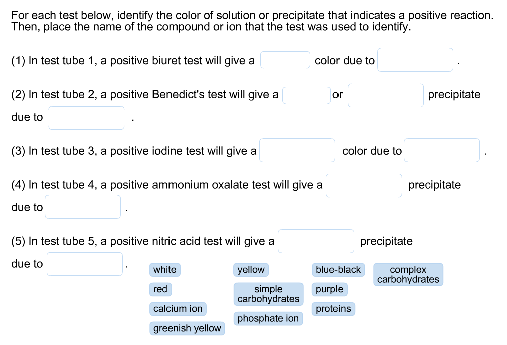 Solved For each test below, identify the color of solution