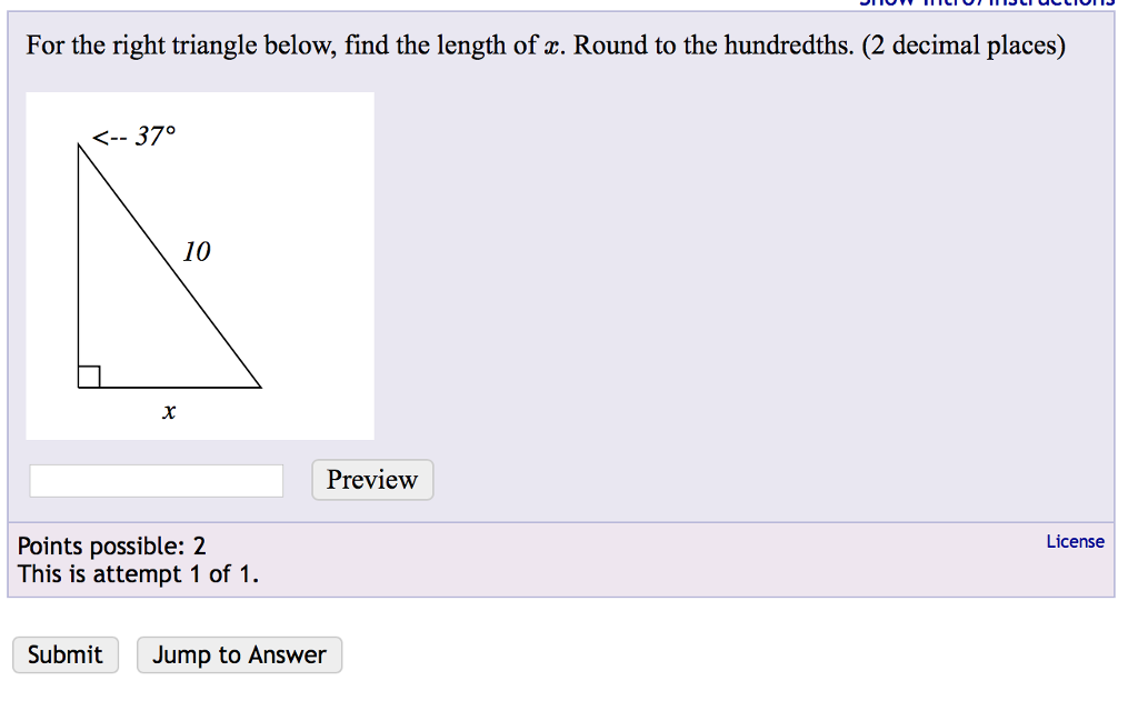 Solved For the right triangle below, find the length of x.