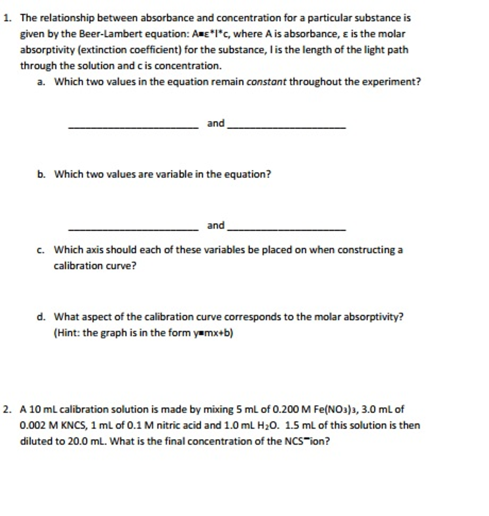 Solved The Relationship Between Absorbance And Concentration 