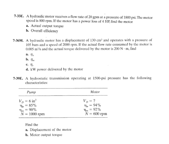 Solved A hydraulic motor receives a flow rate of 20 gpm at a | Chegg.com