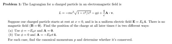 Solved Problem 1: The Lagrangian for a charged particle in | Chegg.com