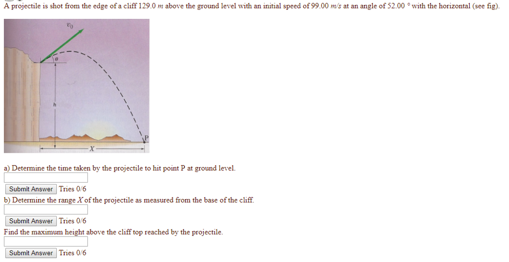 Solved A projectile is shot from the edge of a cliff 129.0 m | Chegg.com
