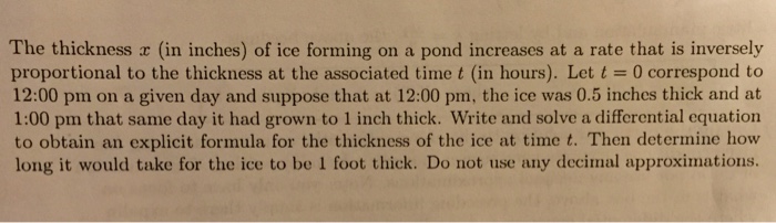 Solved The thickness x (in inches) of ice forming on a pond | Chegg.com