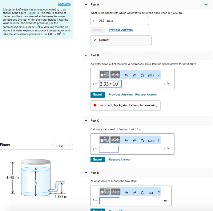 Solved PartA A large tank of water has a hose connected to | Chegg.com