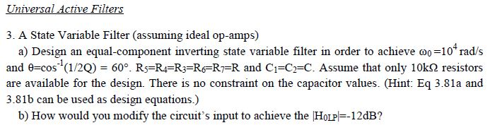 Universal Active Filters 3. A State Variable Filter | Chegg.com