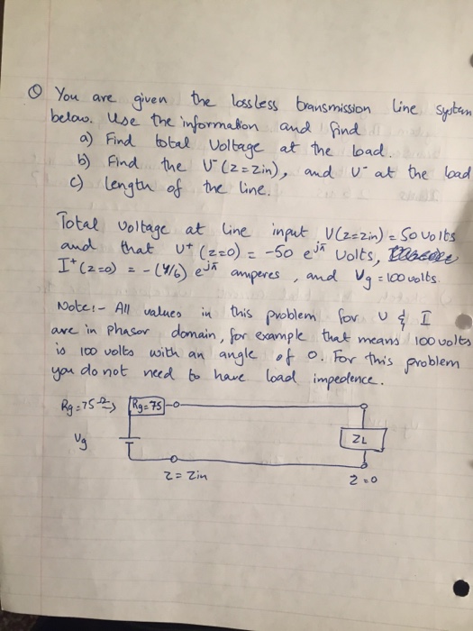 Solved You Are Given The Lossless Transmission Line System | Chegg.com