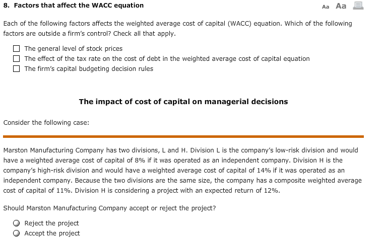Solved 8. Factors that affect the WACC equation Each of the | Chegg.com