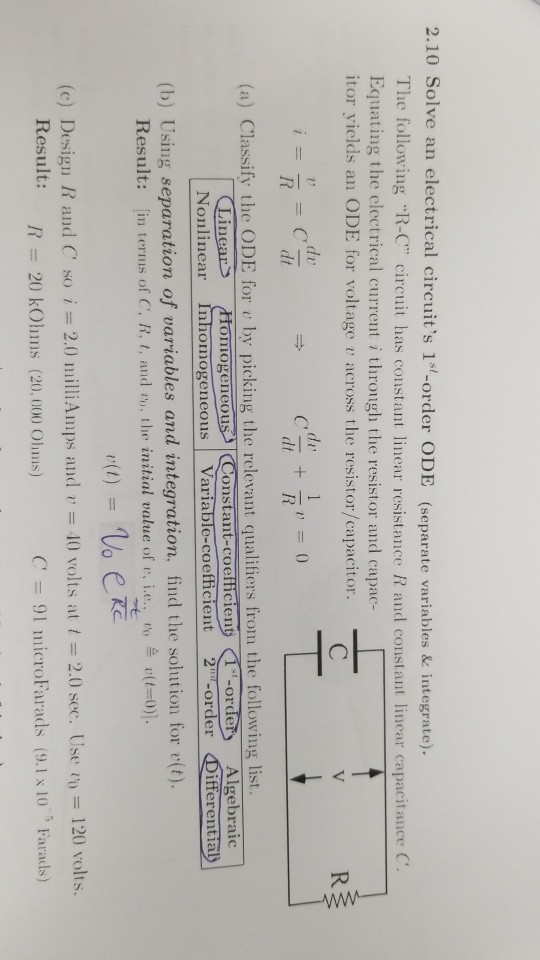 Solved 2.10 Solve an electrical circuit's 1sorder ODE