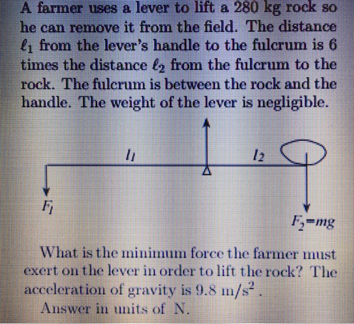 Solved A farmer uses a lever to lift a 280 kg rock so he can | Chegg.com