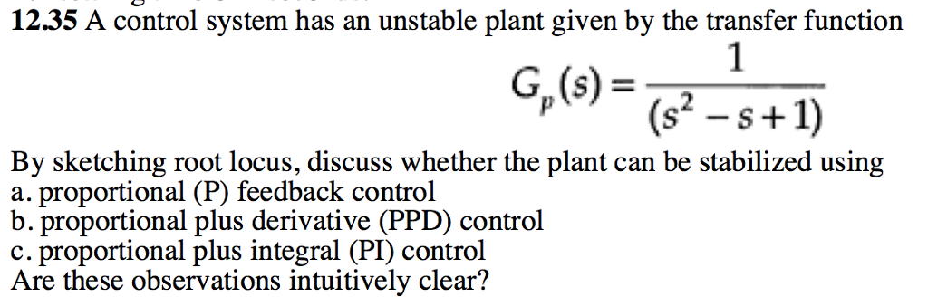 Solved A control system has an unstable plant given by the | Chegg.com