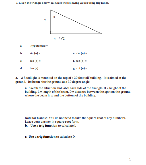 Solved 1. Given the triangle below, calculate the following | Chegg.com