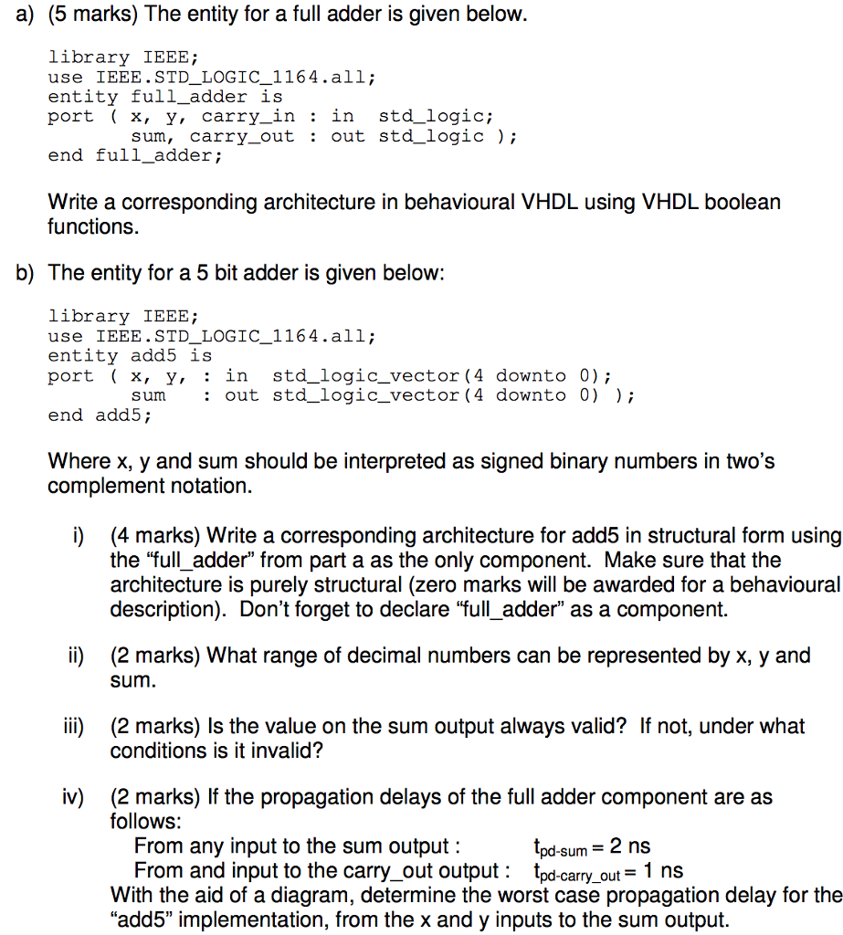 Solved a) (5 marks) The entity for a full adder is given | Chegg.com