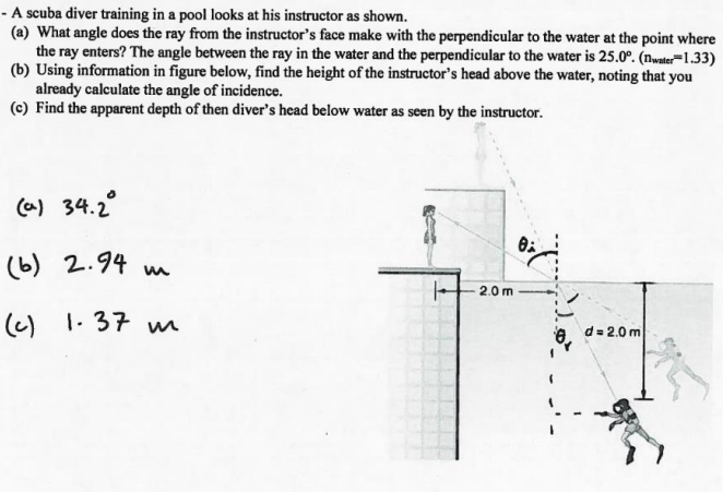 Pool Diving Math Problem Solved A scuba diver training in a pool looks at his | Chegg.com