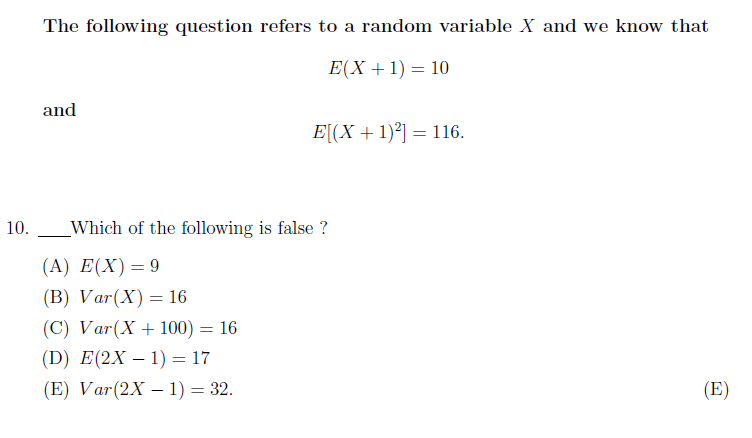 Solved The following question refers to a random variable X | Chegg.com