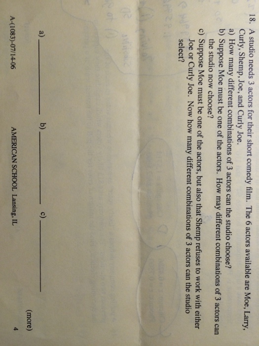 Solved 18. A studio needs 3 actors for their short comedy | Chegg.com