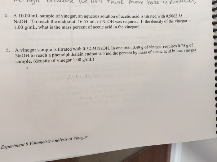 Solved A 10.00 mL sample of vinegar, an aqueous solution of