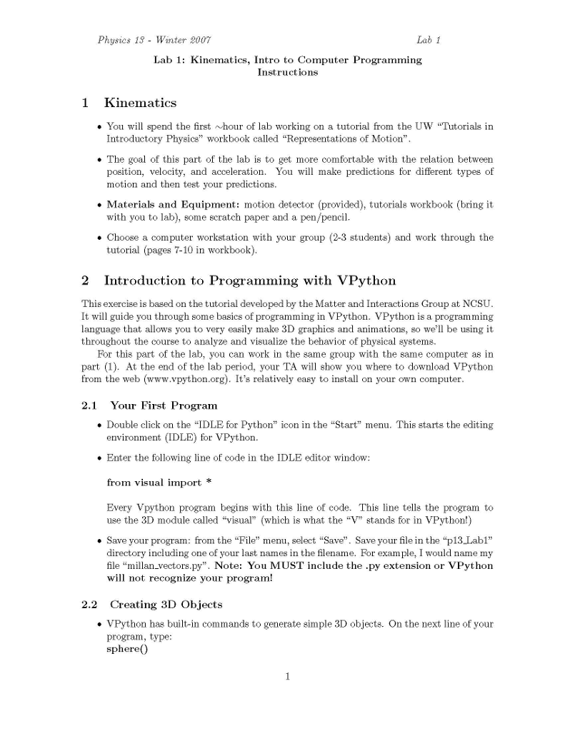 Physics 19 - Winter 2007 Lab 1 Lab 1: Kinematics, | Chegg.com