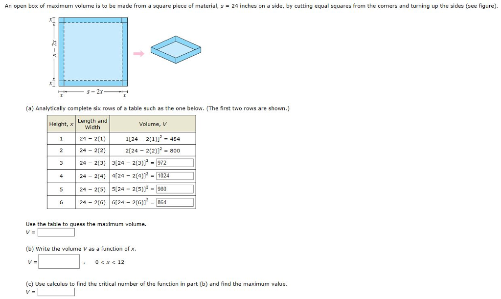 Solved An open box of maximum volume is to be made from a | Chegg.com