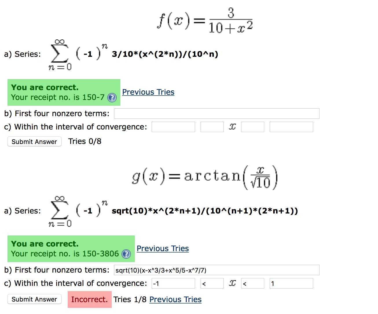 Solved 10+z2 tl Σ (1)", 3/10*(x^(2*n))/(10^n) a) Series