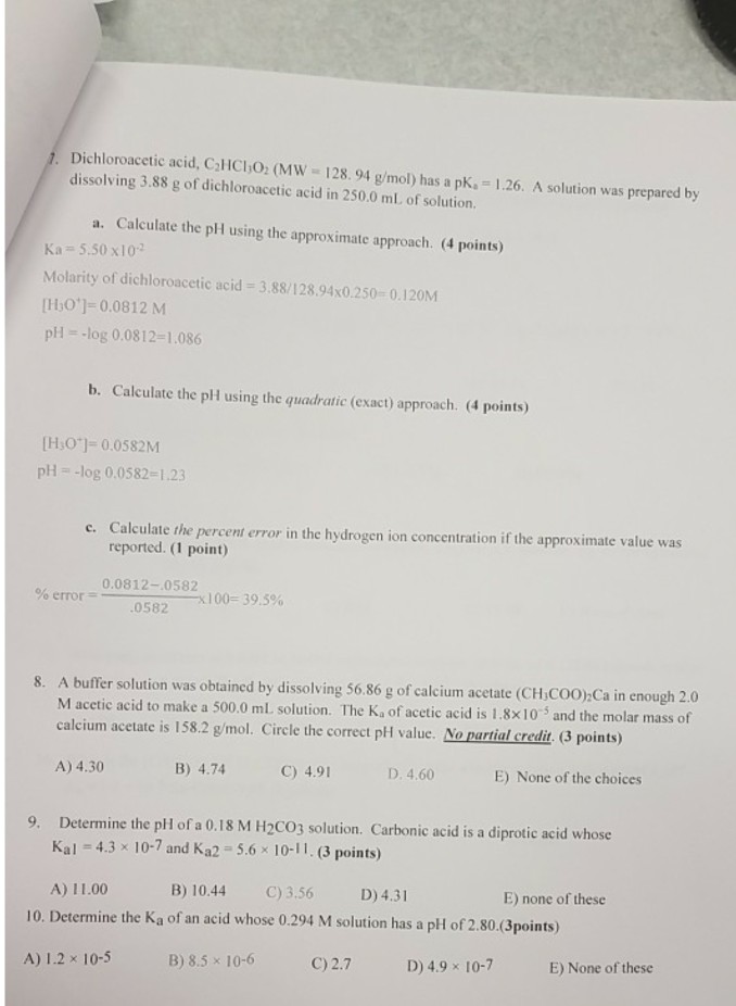 Solved Dichloroacetic acid, C HCIO: (MW 128.94 g/mol) has a | Chegg.com