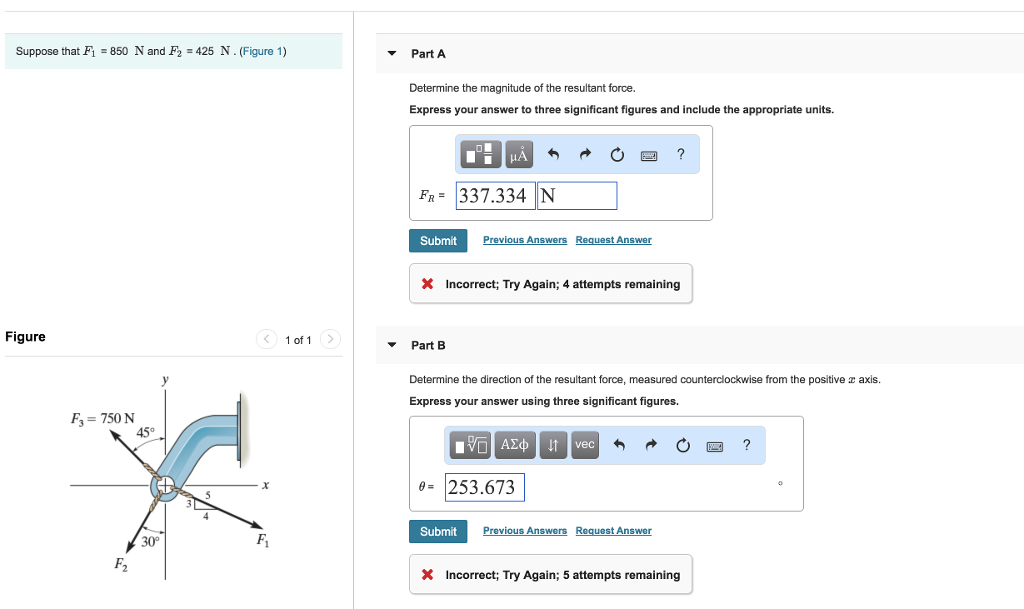 Solved Suppose that F1 850 N and F2 425 N. (Figure 1) Part A | Chegg.com