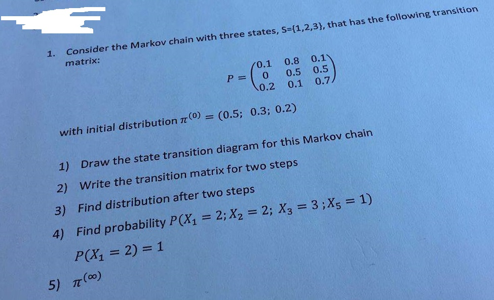 Solved 1. Consider the Markov chain with three states, | Chegg.com