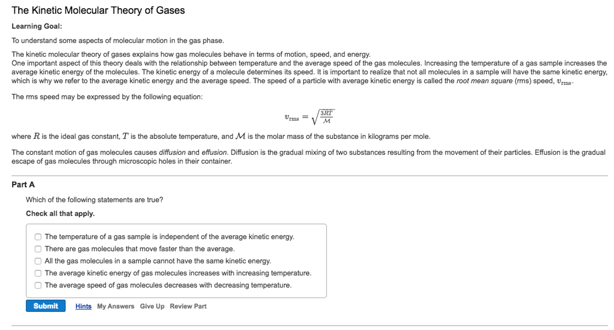 Solved The Kinetic Molecular Theory of Gases Learning Goal | Chegg.com