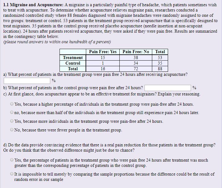 Solved 1.1 Migraine and Acupuncture A migraine is a