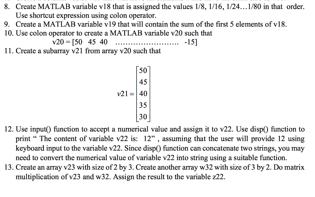 Solved Create MATLAB variable v18 that is assigned the | Chegg.com