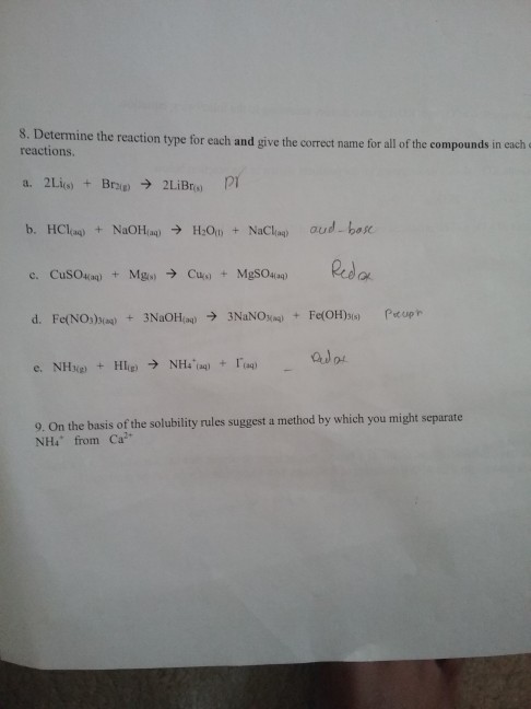 Solved 8. Determine the reaction type for each and give the | Chegg.com