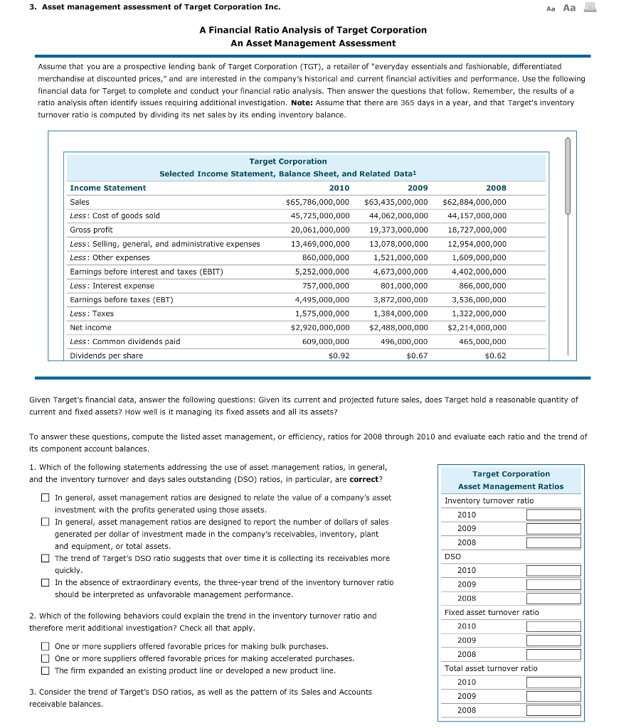 Solved 3. Asset management assessment of Target Corporation