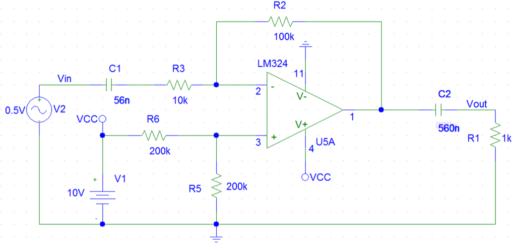 0.5V Vin V2 VCC 10V C1 56n V1 R3 10k R6 200k R5 R2 | Chegg.com