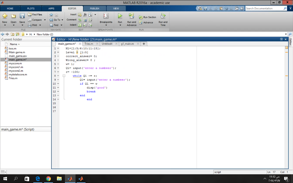 Solved Hello I am trying to create a game using Matlab, | Chegg.com