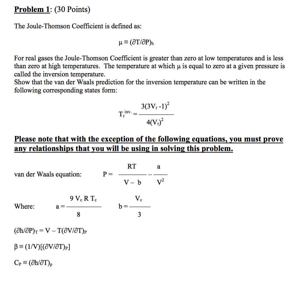 Solved Problem 1: (30 Points) The Joule-Thomson Coefficient | Chegg.com