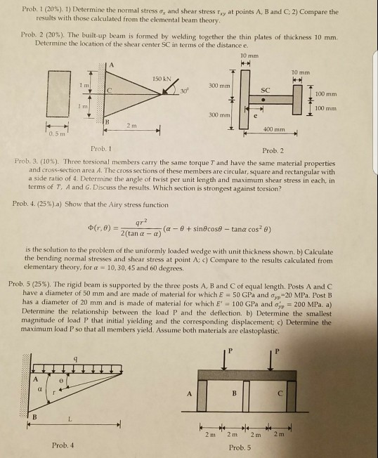 Solved Prob. I (20%). 1) Determine the normal stress σ, and | Chegg.com