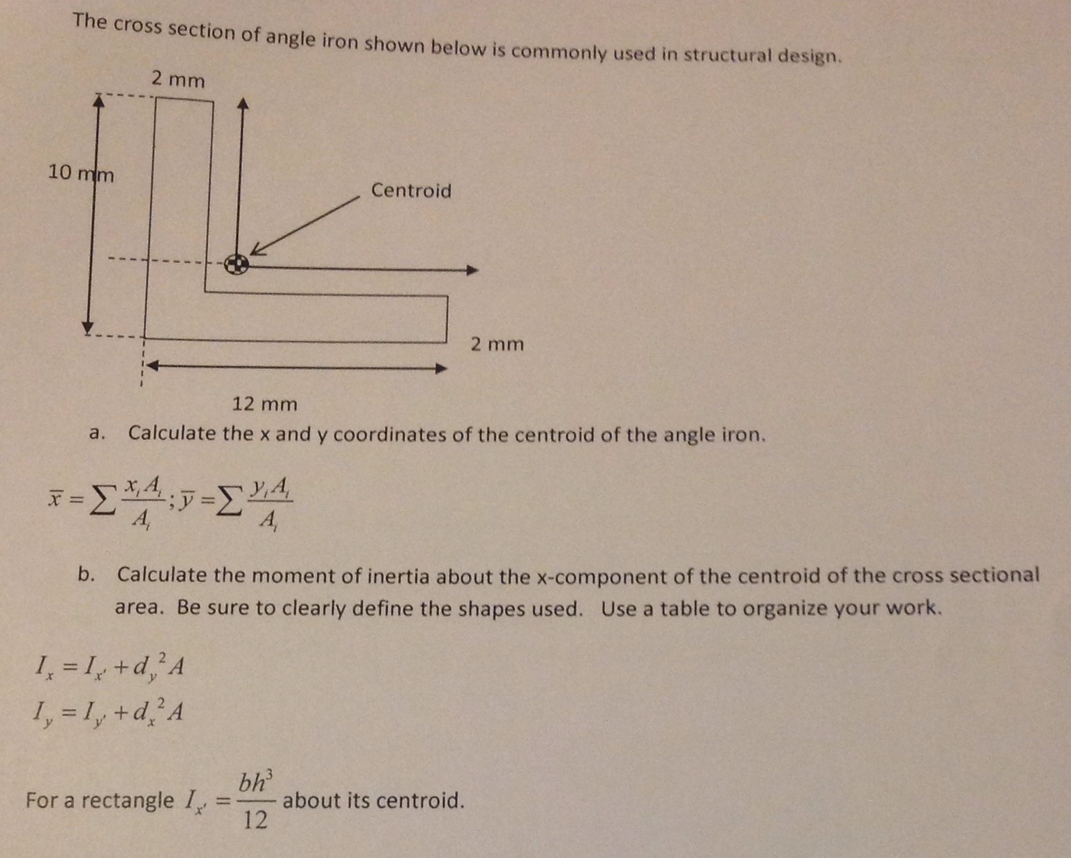 Solved The cross section of angle iron shown below is