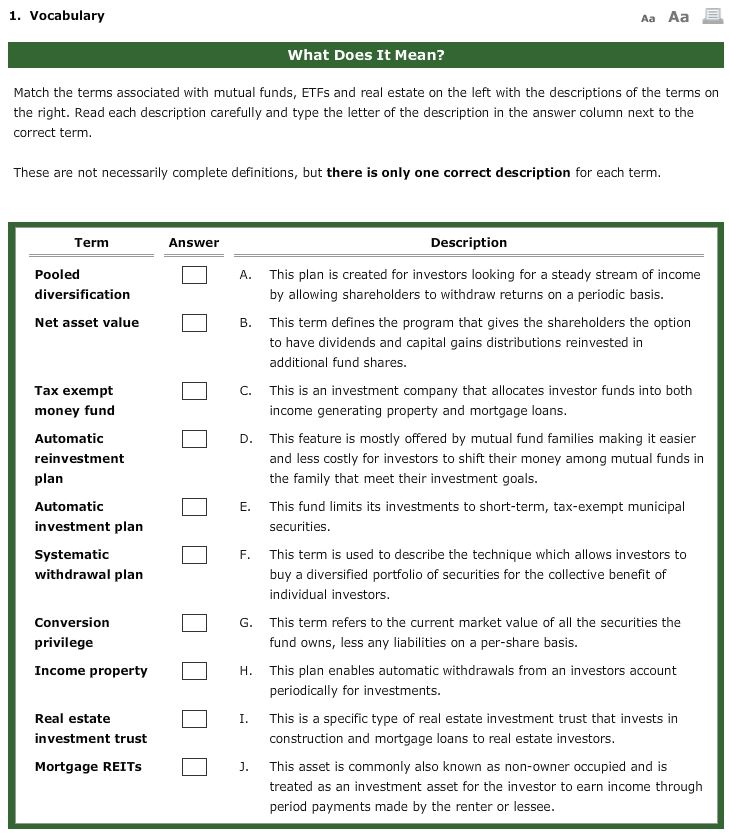 Solved Match the terms associated with mutual funds, ETFs | Chegg.com