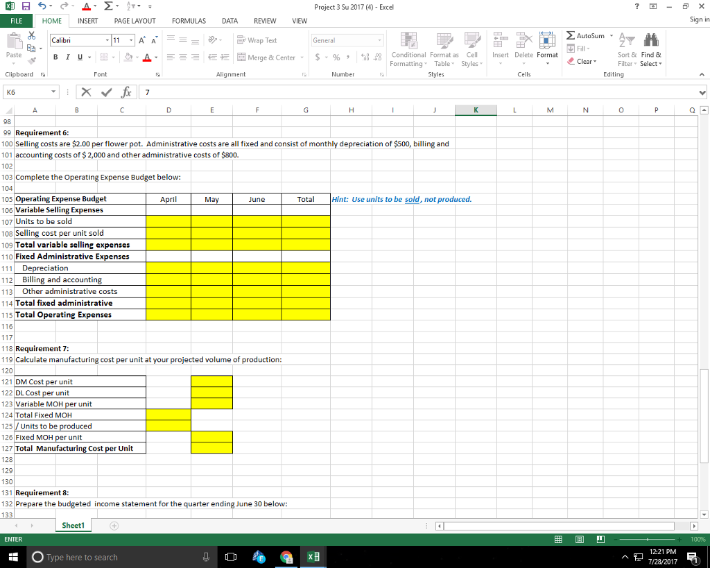 Solved Project 3 Su 2017 (4) Excel Minimize FILE HOME INSERT | Chegg.com