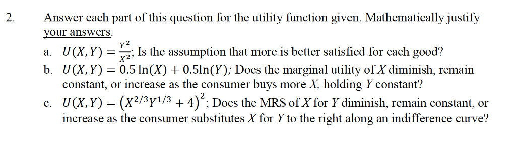 Utility Function Worksheet Answer Key Solved 2. Answer each part of this question for the utility | Chegg.com