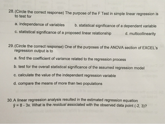 Solved The purpose of the F Test in simple linear regression | Chegg.com
