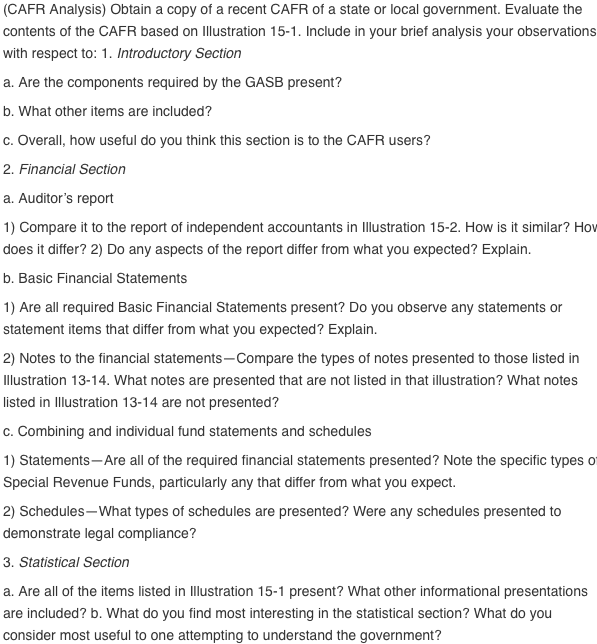 Cyefr Example (CAFR Analysis) Obtain a copy of a recent CAFR of a | Chegg.com