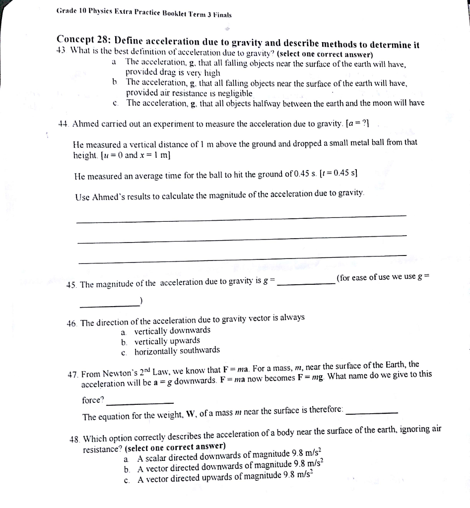Solved: Grade 10 Physics Extra Practice Booklet Term 3 Fin... | Chegg.com