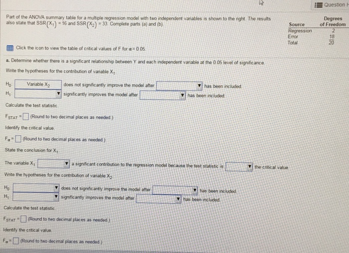 Solved E Question H Part of the ANOVA summary table for a | Chegg.com