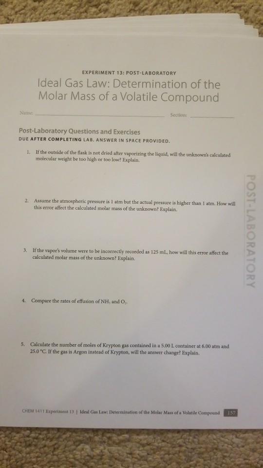 Solved EXPERIMENT 13 POSTLABORATORY Ideal Gas Law