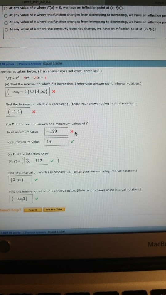 Solved At any value of x where f(x)0, we have an inflection
