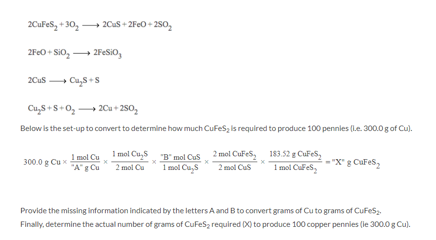 Solved 2CuFeS_2 + 3O_2 rightarrow 2CuS + 2FeO + 2SO_2 2FeO | Chegg.com