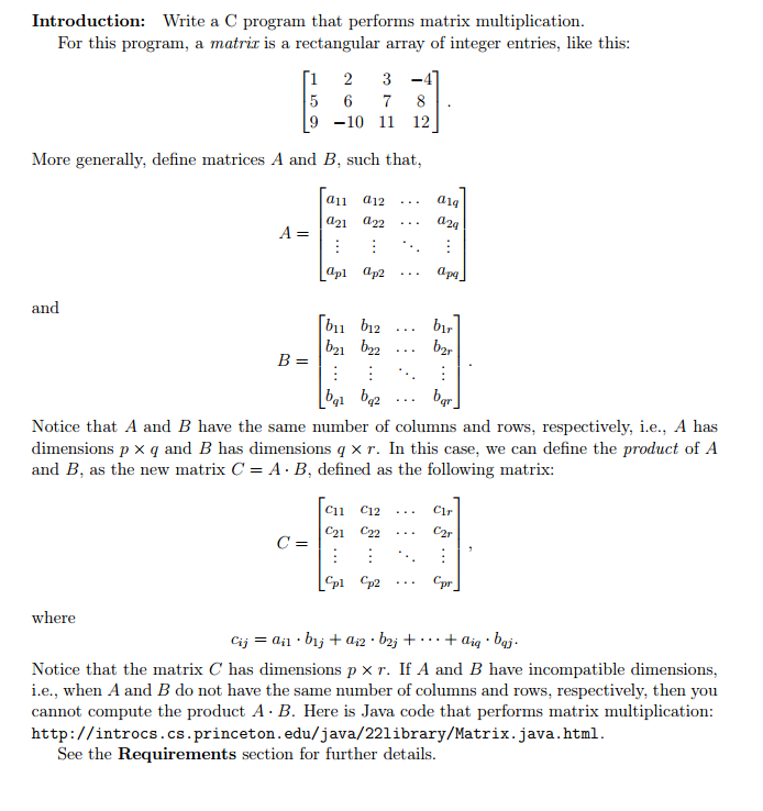 Solved Introduction: Write a C program that performs matrix | Chegg.com