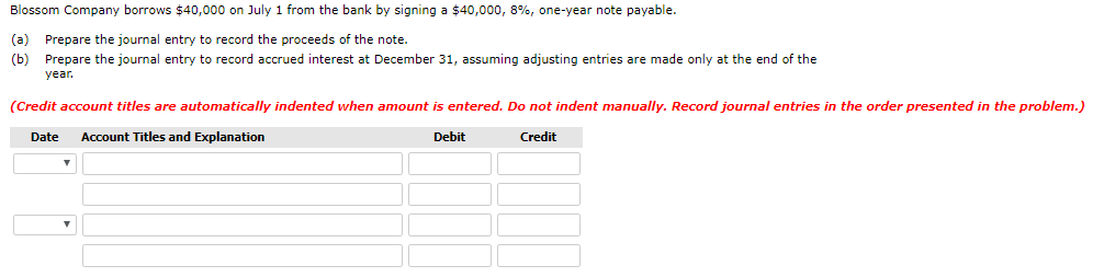 Solved Blossom Company borrows $40,000 on July 1 from the | Chegg.com